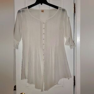 ZIMPY Womens V-Neck Pleated Buttoned Short floral Sleeve Blouse White Size P